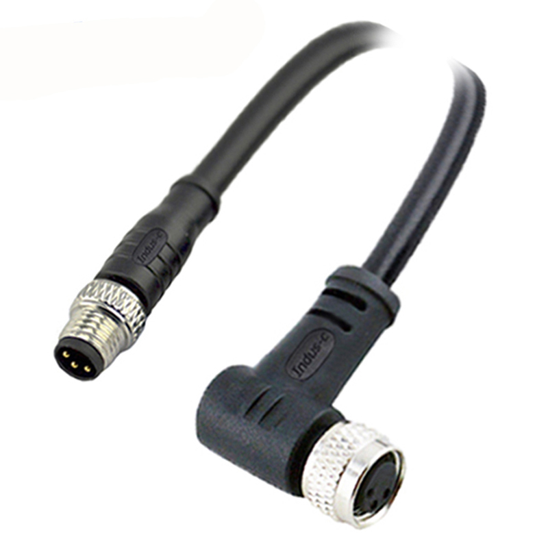 M8 3pins A code male straight to female right angle molded cable,unshielded,PVC,-10°C~+80°C,24AWG 0.25mm²,brass with nickel plated screw